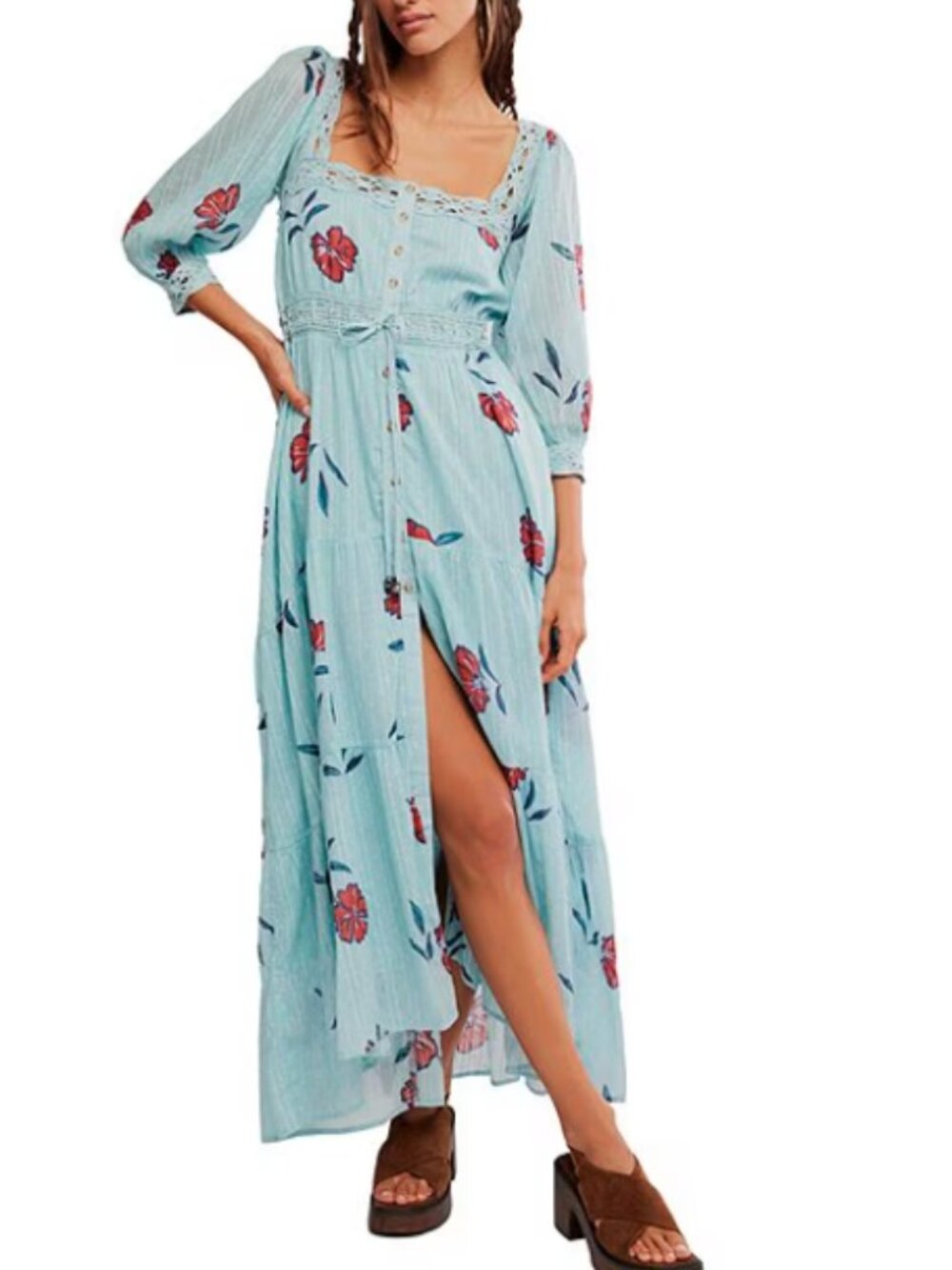 NWT Free People Morning Meadows Floral Lace Trim Maxi Dress Pastel Blue Size M